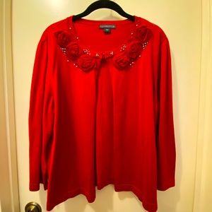 Red Covington rose and pearl cardigan